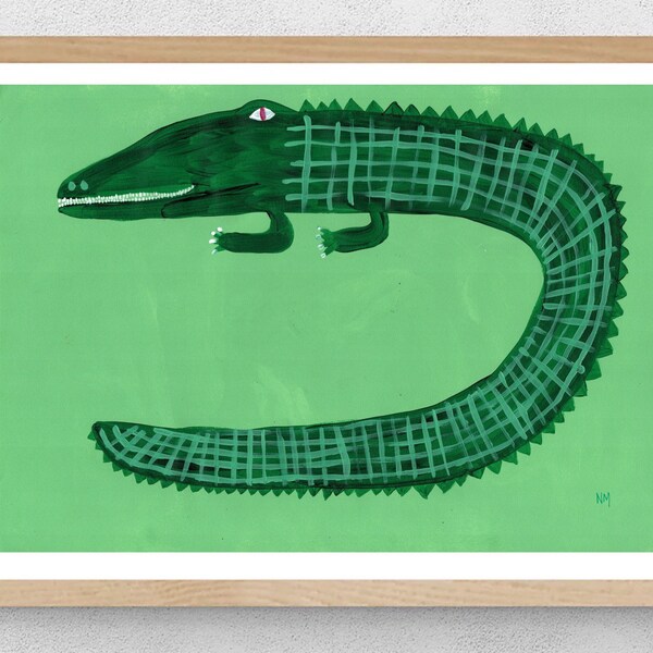 Green crocodile. Original art painting. Giclee print. Leopard print. Kids children’s bedroom. Home decor. Nancy Mckie.