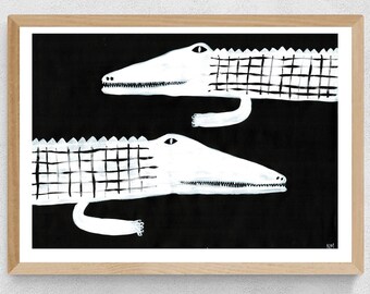 Crocodiles monochromes. Peinture d’art originale. Impression Giclée. Chambre d’enfants pour enfants. Décoration intérieure. Nancy Mckie.