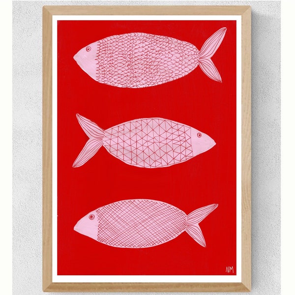 3 pink fish. Original art painting. Giclee print. Home decor. Nancy Mckie.