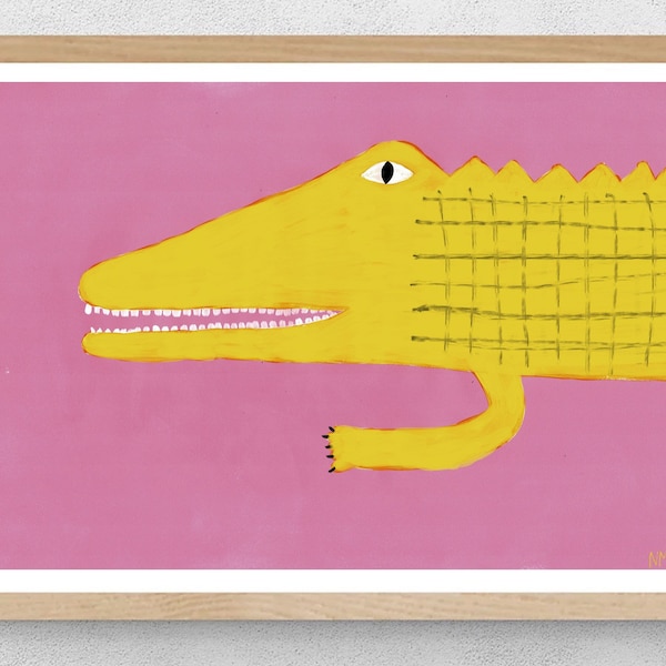 Gele krokodil. Origineel kunstschilderij. Giclee-print. Kinderkamer voor kinderen. Huisdecoratie. Nancy Mckie.