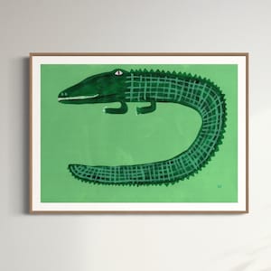 Green crocodile. Giclee print. Leopard print. Kids children’s bedroom. Home decor. Nancy Mckie.