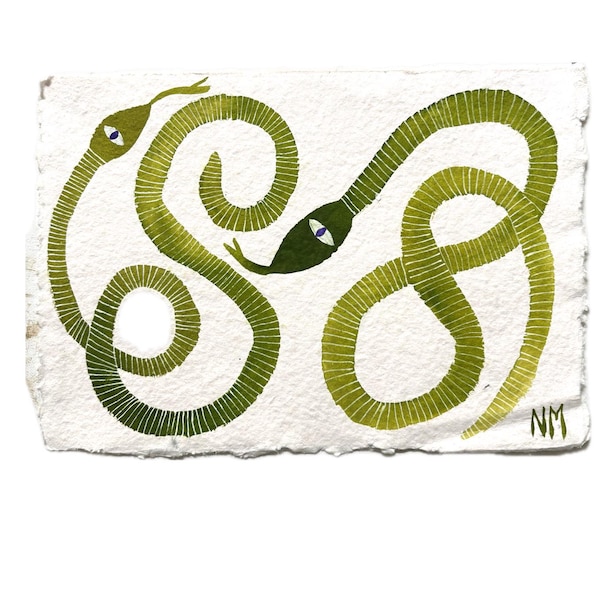 Two green snakes. Original painting by Nancy McKie. On handmade paper. A4 size. Wall decor. One of a kind. Art gift.
