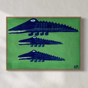 Blaue Krokodile Kunstdruck. Tierposter. Kinderzimmer. Wohndekor. Nancy Mckie. Neue Mutter Geschenk.