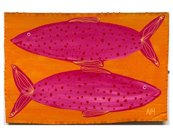 Two pink fish. On recycled cardboard. By Nancy Mckie. Original contemporary artwork.