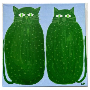 Two green cats. On canvas. By Nancy Mckie. Original contemporary artwork.