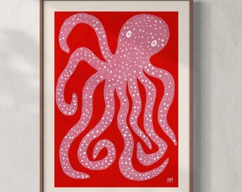 Pink octopus. Original art painting. Giclee print. Kids children’s bedroom. Home decor. Nancy Mckie.