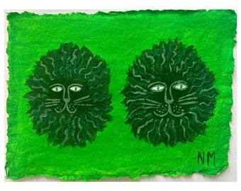 Dos leones verdes. Pintura acrílica. Por Nancy Mckie. Obra de arte contemporánea original.