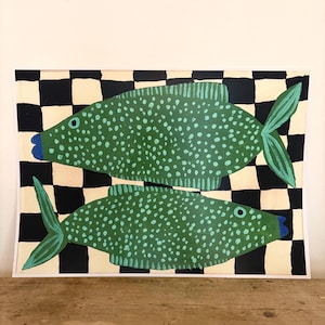 Impression de deux poissons tachetés - oeuvre d'art murale côtière, illustration nautique, oeuvre d'art colorée de la vie marine, décoration de salle de bain ou de cuisine