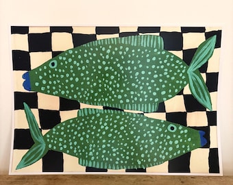 Lámina de dos peces con manchas: arte mural costero, ilustración náutica, colorida obra de arte marino, decoración para baño o cocina.