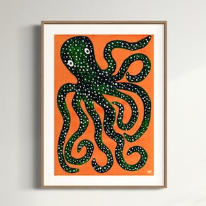 May include: A green octopus with white spots on an orange background. The octopus has eight tentacles and two large white eyes.