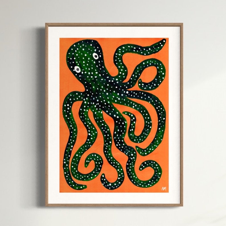 May include: A green octopus with white spots on an orange background. The octopus has eight tentacles and two large white eyes.