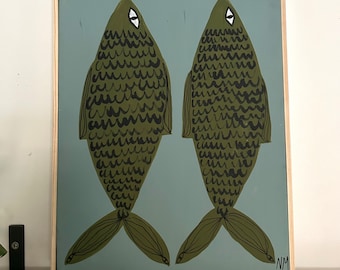 Two green fish. Acrylic painting on canvas. By Nancy Mckie. Original contemporary artwork.
