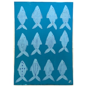 Doce peces. Sobre cartón reciclado. Por Nancy Mckie. Obra de arte contemporánea original.