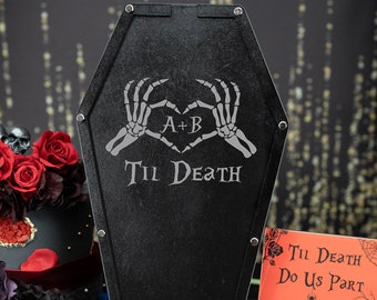 coffin guest book, gothic guest book alternative, grave sign in book, til death do us part, hallowedding, spooky wedding guest book