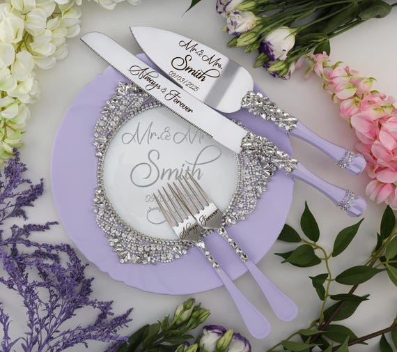 lilac wedding cake cutting set, lavender wedding cake knives, pastel cake knive set,floral wedding cake server set, enchanted garden wedding