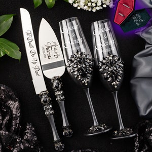 Black wedding cake cutting set, wedding gothic cake knives,halloween wedding, til death wedding cake server, gothic wedding cake plate serv+kn+2gl+Ring Box