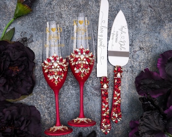 red wedding cake cutting set,red gold wedding cake knives, wedding gold red cake cutting set with glasses and plate, red gold wedding decor