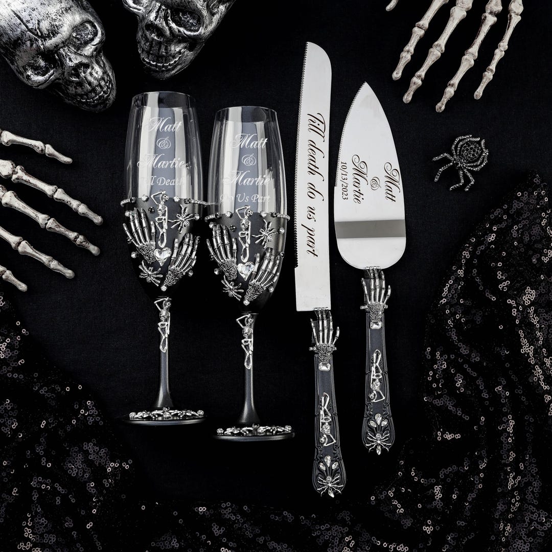 skull wedding cake cutting set, skeleton wedding - unity set+2 glasses