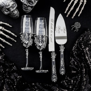 Black wedding cake cutting set, black glasses, til death wedding, gothic cake plate, gothic wedding decor, gothic wedding, gothic decor