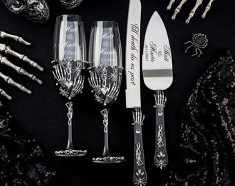 Black wedding cake cutting set, black glasses, til death wedding, gothic cake plate, gothic wedding decor, gothic wedding, gothic decor