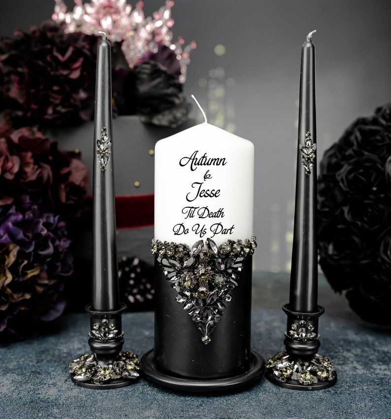Black wedding cake cutting set, wedding gothic cake knives,halloween wedding, til death wedding cake server, gothic wedding cake plate 3 candles+3holders