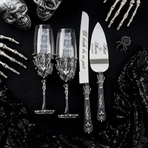 gothic wedding,gothic cake cutting set,halloween wedding favor,halloween champagne flute,til death wedding,spooky wedding