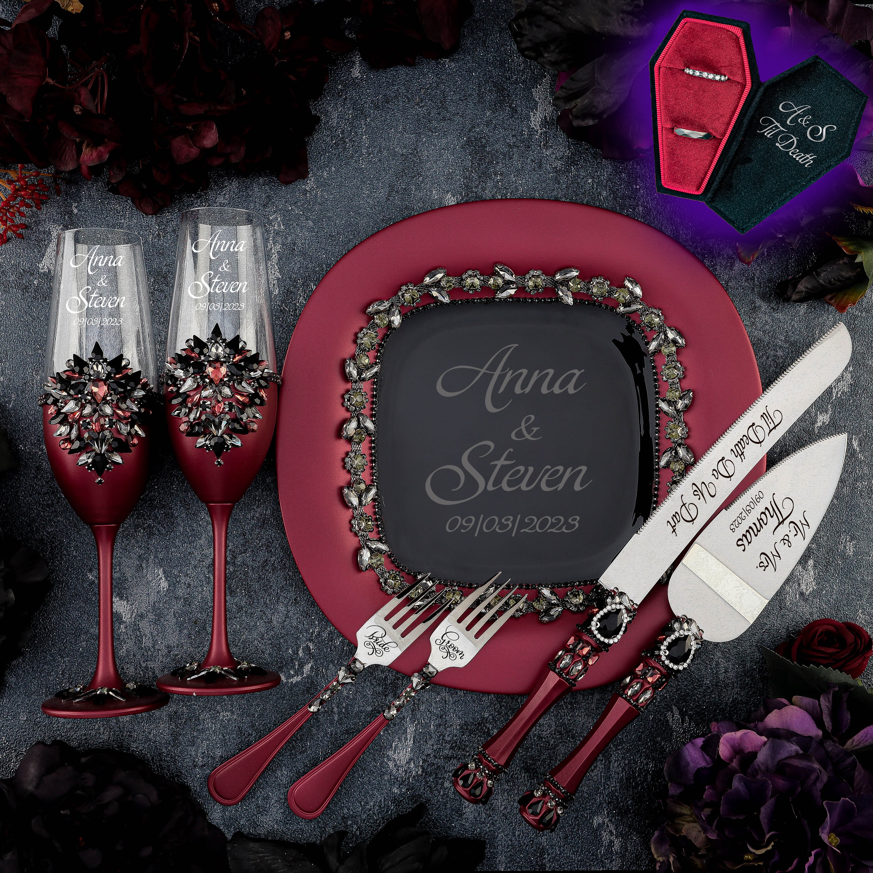 Burgundy Wedding Cake Cutting Set, Black Maroon Glasses, Wine Red Til Death  Wedding, Burgundy Black Cake Plate Gothic Wedding Decor - Etsy, image size:3000x3000