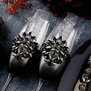 Black wedding champagne glasses, wedding gothic glasses,halloween wedding, til death wedding flutes, gothic wedding cup, black moody wedding