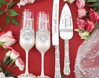 silver wedding cake cutting set , silver wedding cake knives, wedding silver cake server, knife with glasses and plate, silver wedding decor