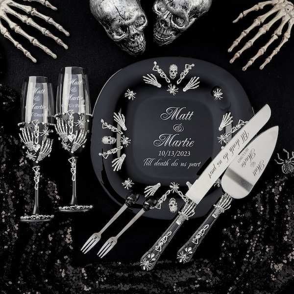 skull wedding cake cutting set, skeleton wedding, halloween wedding, til death wedding, friday 13th wedding