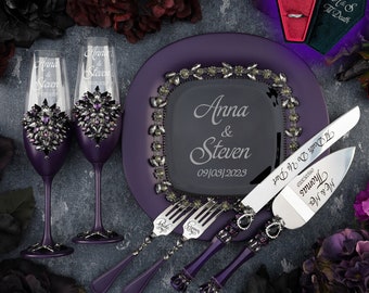 Purple wedding cake cutting set, black purple glasses, til death wedding, deep purple cake plate gothic wedding decor