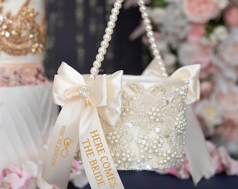 Wedding  Ivory Pearl Flower Girl Basket, Bridal Wedding Ceremony Decor
