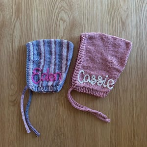 The Pixie Name Bonnet - Custom Hand Knitted Pixie Bonnet Hat for babies/children in colour of your choice with name embroidery