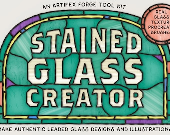 May include: A stained glass window design with the text "STAINED GLASS CREATOR" in white letters. The text "REAL GLASS TEXTURE PROCREATE BRUSHES" is in a red circle.