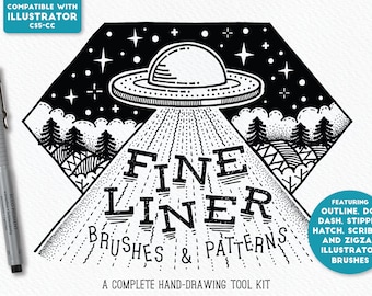 May include: Black and white illustration of a UFO over a forest with the text "FINE LINER BRUSHES & PATTERNS" and "A COMPLETE HAND-DRAWING TOOL KIT".