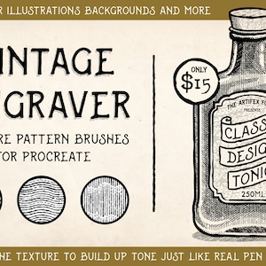 Puede incluir: Una ilustración en blanco y negro de una botella con una etiqueta que dice "The Artifex Forge Presents Classic Design Tonic 250ml". La imagen es para un conjunto de pinceles de patrones de textura para Procreate.