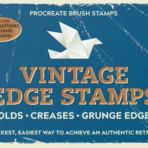 Può includere: Una grafica blu e bianca con il testo "Procreate Brush Stamps" e "Vintage Edge Stamps" in testo marrone. Il testo "Folds, Creases, Grunge Edges" è anche in testo marrone. La grafica include anche un uccello di origami bianco.