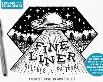 May include: Black and white illustration of a UFO over a forest with the text "FINE LINER BRUSHES & PATTERNS" and "A COMPLETE HAND-DRAWING TOOL KIT".