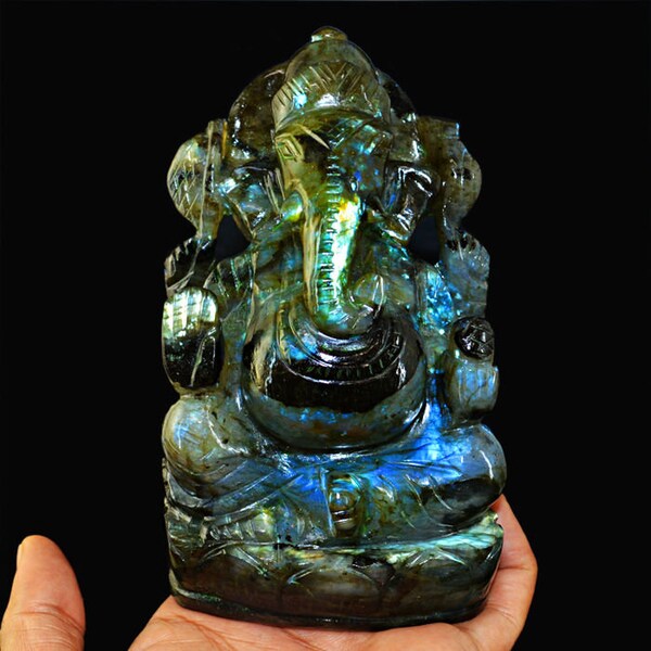 Labradorite Hand carved Ganesh, Natural Labradorite Figurine, Hindu God Ganesha Statue, Unique Gift, Religious Sculpture, Labradorite Ganesh