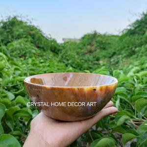 Cuenco de ágata marrón natural tallado a mano: decoración curativa de chakras (15 cm) Artículo de regalo