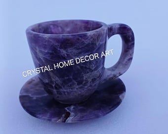 Beautiful Amethyst Cup  & Saucer | Gemstone Hand-Carved Cup | Amethyst Crystal Mug | Quartz Crystal  Tea/coffee Cup | Home Decor | Gift item
