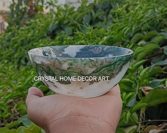 Moss Agate Bowl, Hand Carved Gemstone, Earthy Decor (5 inch), Handcarved