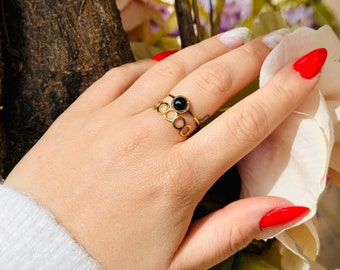 Double ring with its natural stone - Stainless Steel - Gold Plated