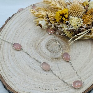 Long necklace with its beautiful natural stone in Pink Quartz - Silver - Handmade