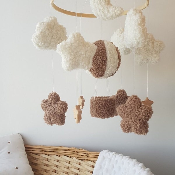 Neutral nursery mobile hot air balloon Stars and clouds mobile unisex First Christmas gift Hot air balloons baby crib mobile