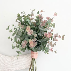 Pink & Green Eucalyptus Stem: Tall Faux Foliage, Wedding Decor