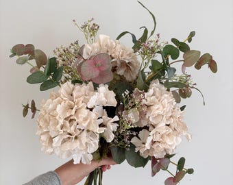 Faux Flower Arrangement Beige Dried Hydrangea Eucalyptus | Neutral Faux Flower Bouquet | Autumn Home Decor | Rustic Floral Arrangement