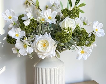 Artificial White Flower Bouquet | Artificial Flower Arrangement | Faux Flowers | Real Touch Roses | White Home Decor