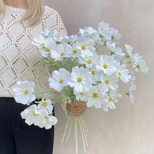 K&ouml;nnte beinhalten: Ein Strau&szlig; wei&szlig;er Kosmosblumen mit gelben Zentren und gr&uuml;nen Stielen. Die Blumen werden in der Hand einer Person gehalten. Die Kosmosblumen haben zarte Bl&uuml;tenbl&auml;tter und sind zusammengefasst, wodurch eine volle und &uuml;ppige Anordnung entsteht.