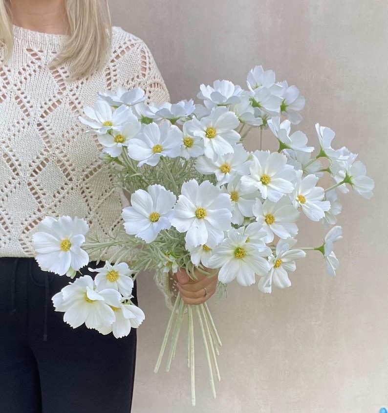 K&ouml;nnte beinhalten: Ein Strau&szlig; wei&szlig;er Kosmosblumen mit gelben Zentren und gr&uuml;nen Stielen. Die Blumen werden in der Hand einer Person gehalten. Die Kosmosblumen haben zarte Bl&uuml;tenbl&auml;tter und sind zusammengefasst, wodurch eine volle und &uuml;ppige Anordnung entsteht.